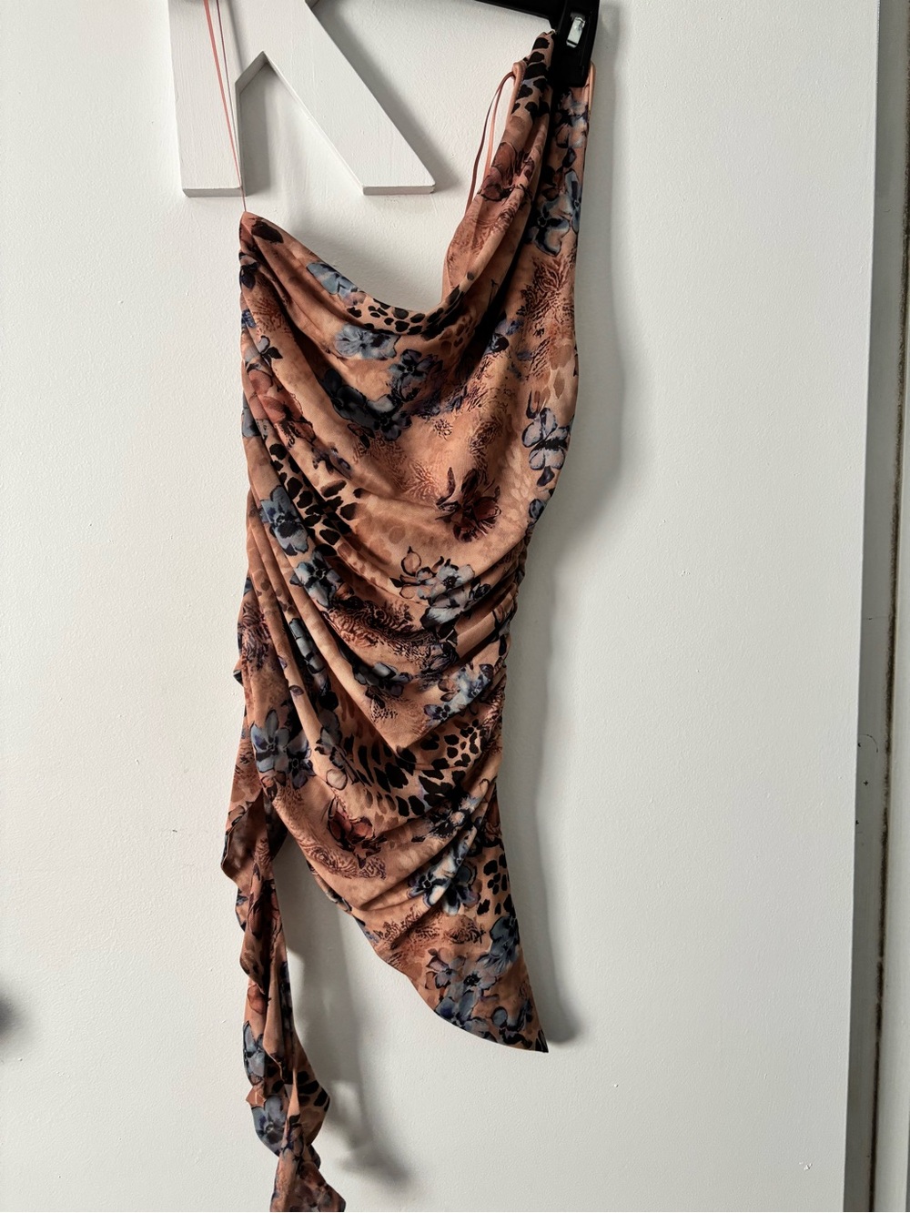 Draped One-Shoulder Floral Leopard Print Top in Peach